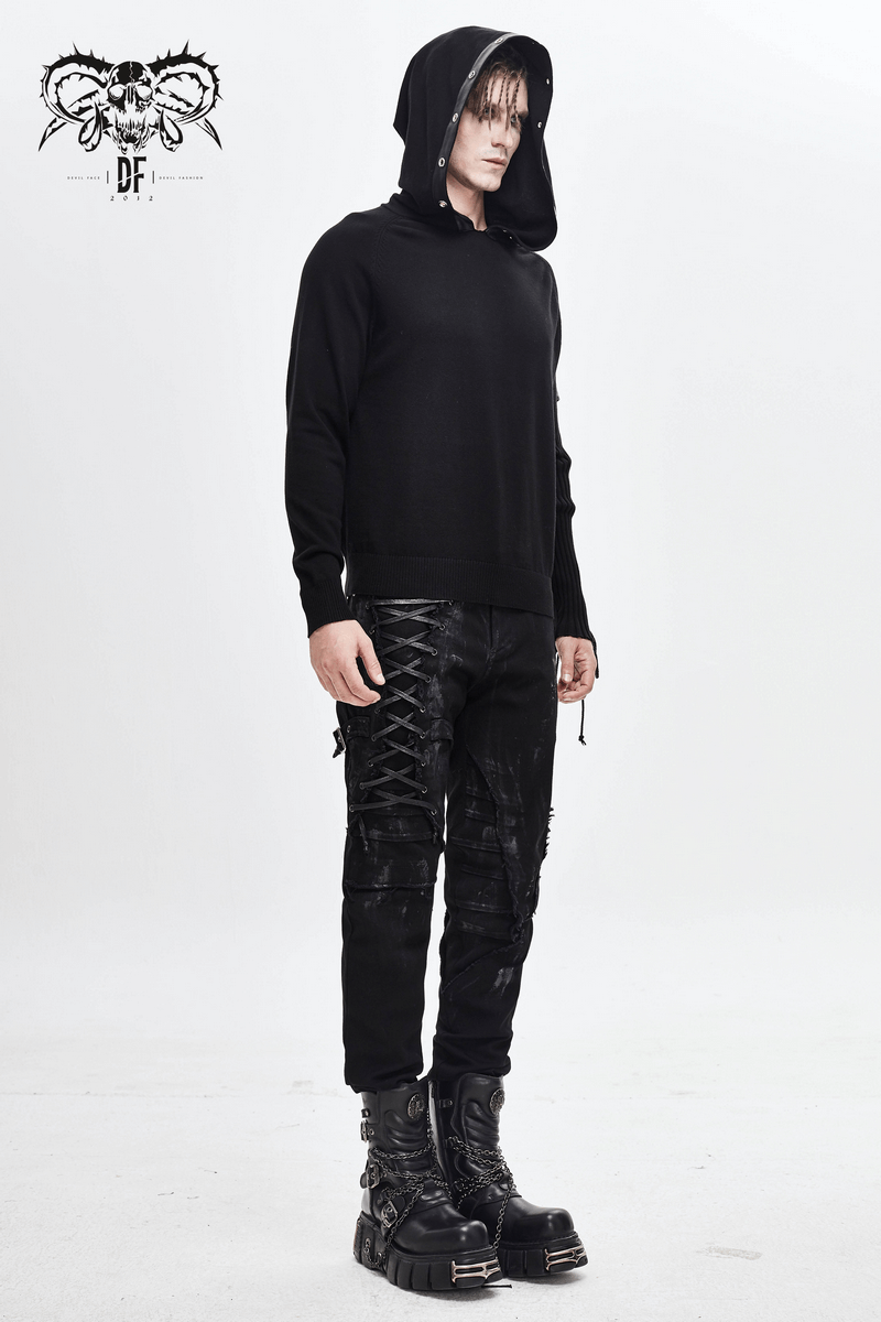 Men's Punk Asymmetry Sleeve Hoodie / Gothic Knit Sweater Hoody with Lace-up & Buckles on Sleeve