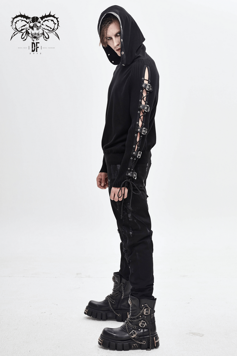 Men's Punk Asymmetry Sleeve Hoodie / Gothic Knit Sweater Hoody with Lace-up & Buckles on Sleeve
