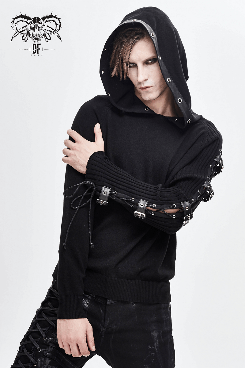 Men's Punk Asymmetry Sleeve Hoodie / Gothic Knit Sweater Hoody with Lace-up & Buckles on Sleeve