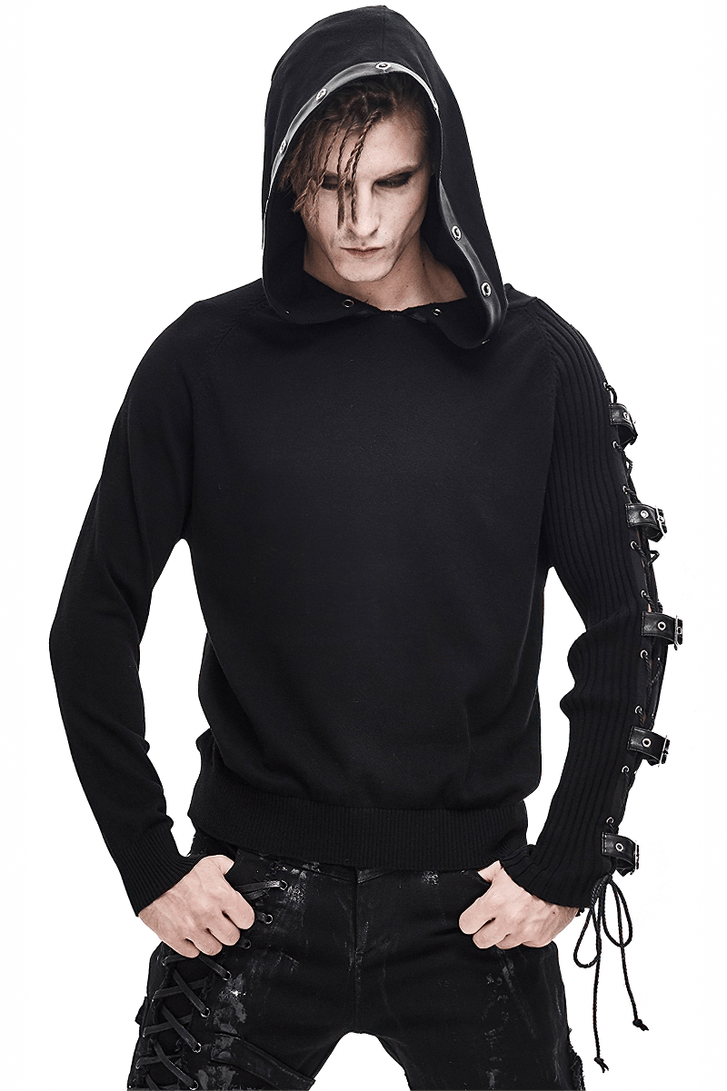 Men's Punk Asymmetry Sleeve Hoodie / Gothic Knit Sweater Hoody with Lace-up & Buckles on Sleeve
