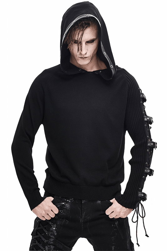 Men's Punk Asymmetry Sleeve Hoodie / Gothic Knit Sweater Hoody with Lace-up & Buckles on Sleeve