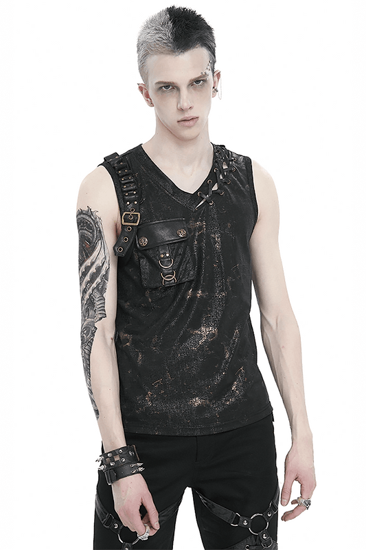 Men's Punk Big-pocket Buckle Tank Top / Punk Style V-neck Tank with Lace-Up Side