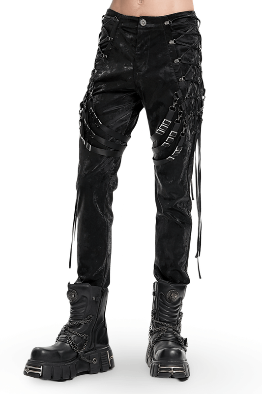 Men's Punk Black Trousers with Straps and Buckles