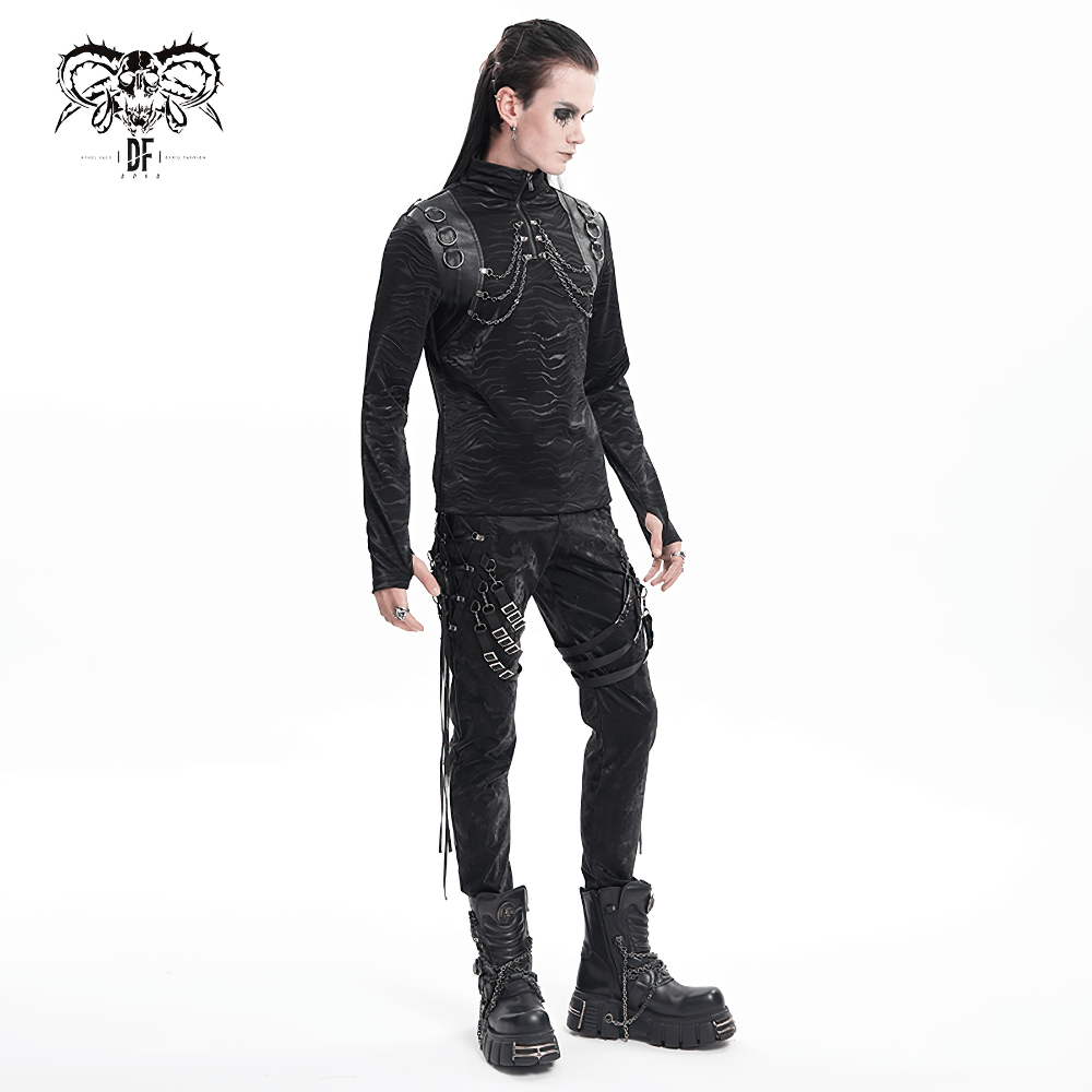 Men's Punk Black Trousers with Straps and Buckles