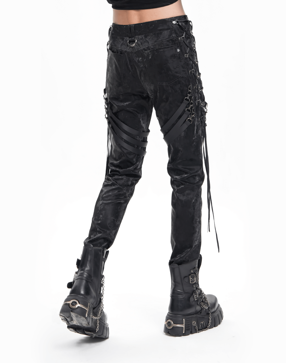 Men's Punk Black Trousers with Straps and Buckles