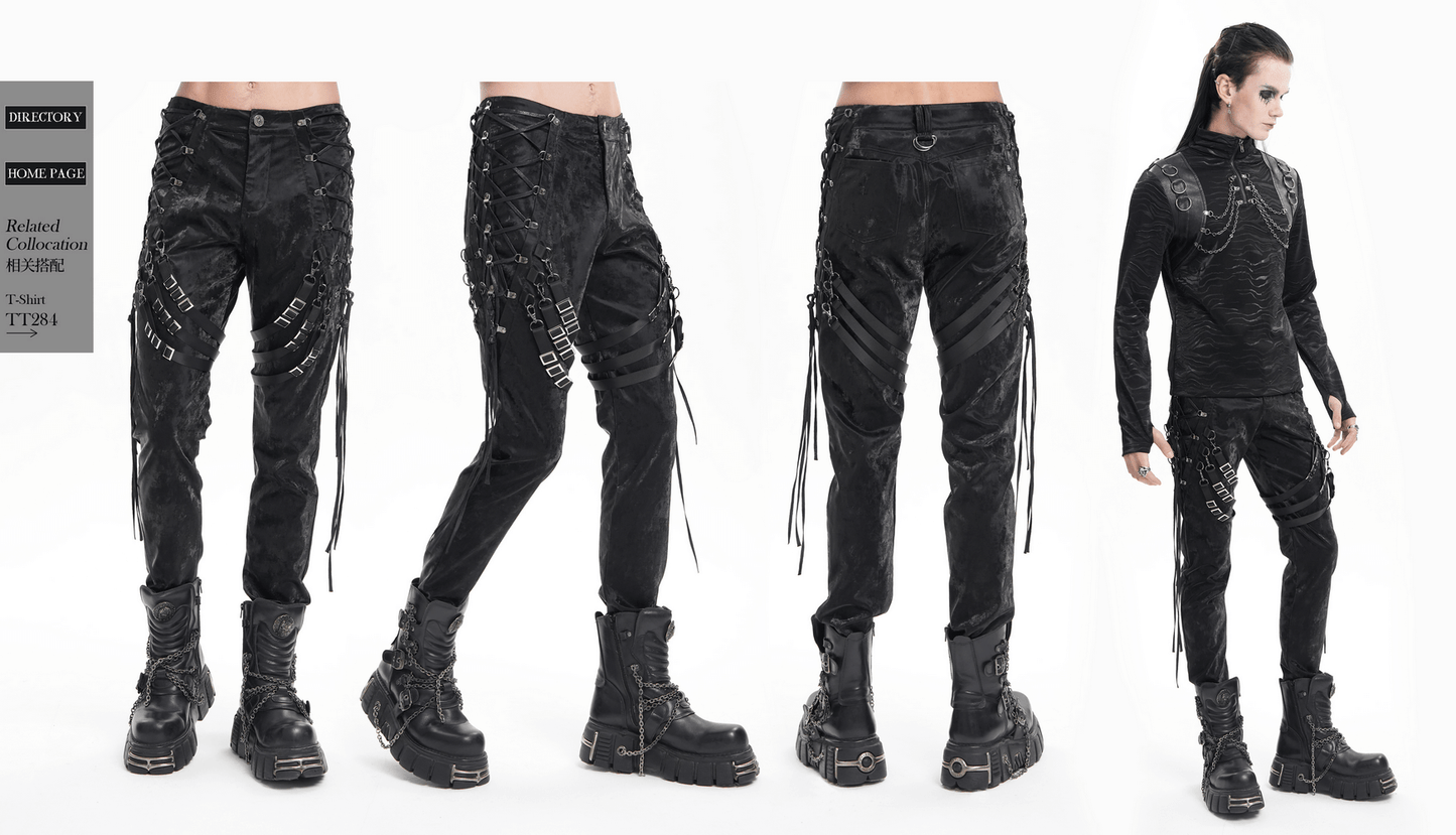Men's Punk Black Trousers with Straps and Buckles