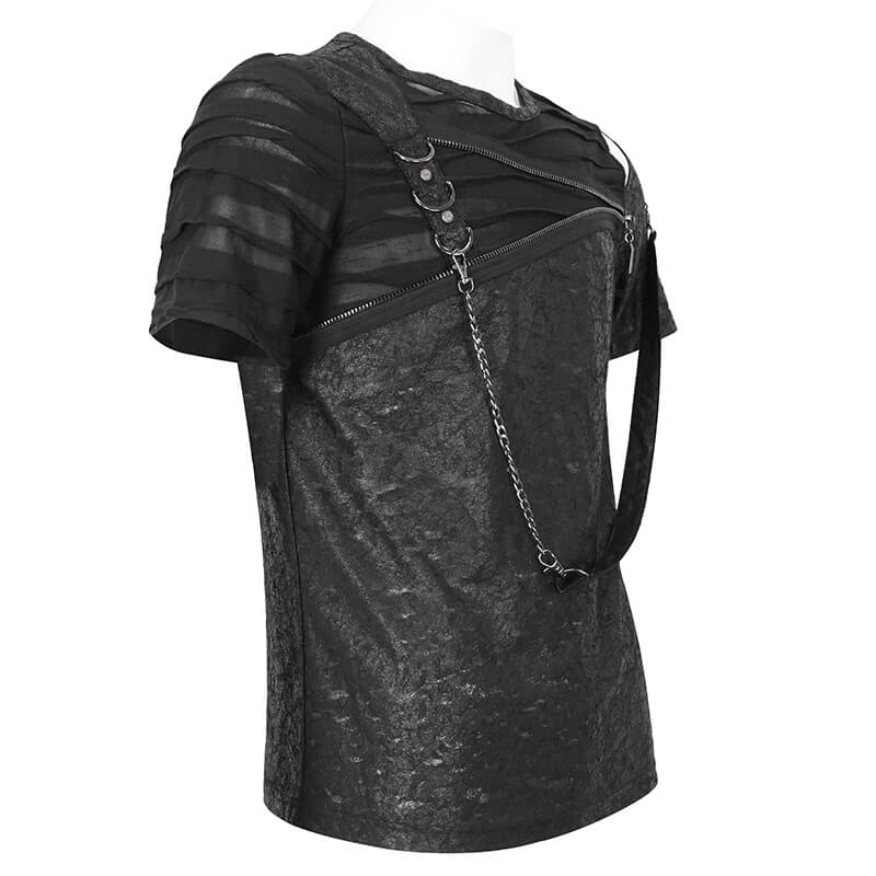 Men's Punk Cutout Zipper Strap T-Shirt / Fashion Black Round Neck Asymmetrical T-Shirt