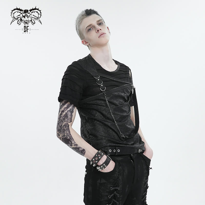 Men's Punk Cutout Zipper Strap T-Shirt / Fashion Black Round Neck Asymmetrical T-Shirt