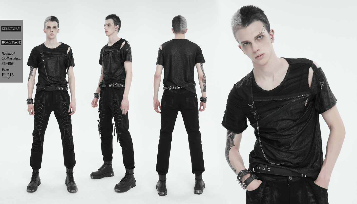 Men's Punk Cutout Zipper Strap T-Shirt / Fashion Black Round Neck Asymmetrical T-Shirt