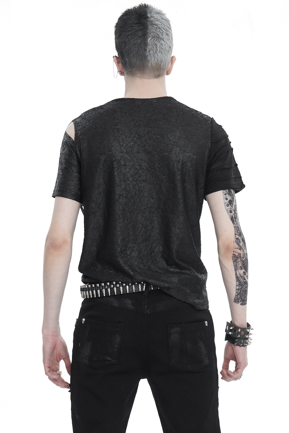 Men's Punk Cutout Zipper Strap T-Shirt / Fashion Black Round Neck Asymmetrical T-Shirt