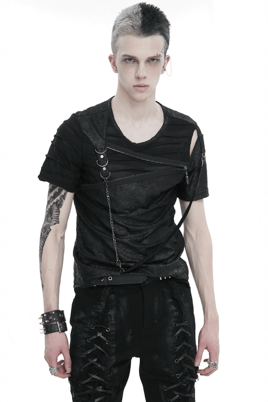 Men's Punk Cutout Zipper Strap T-Shirt / Fashion Black Round Neck Asymmetrical T-Shirt
