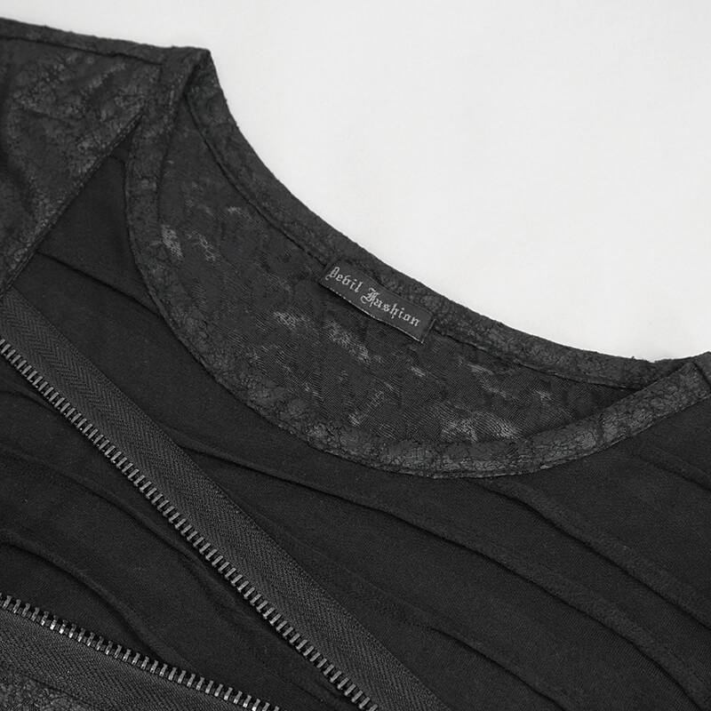 Men's Punk Cutout Zipper Strap T-Shirt / Fashion Black Round Neck Asymmetrical T-Shirt