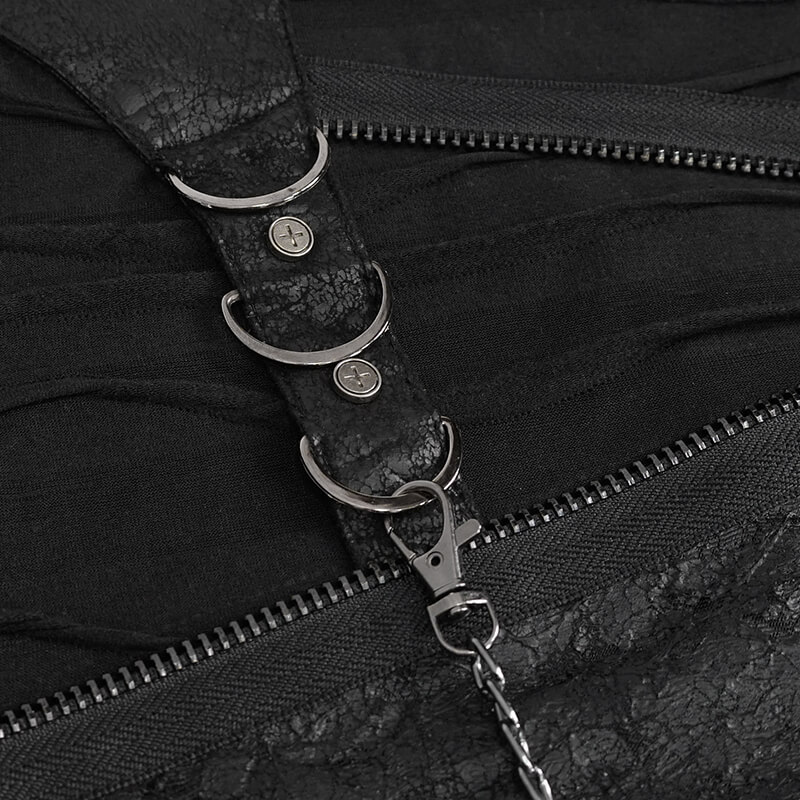 Men's Punk Cutout Zipper Strap T-Shirt / Fashion Black Round Neck Asymmetrical T-Shirt