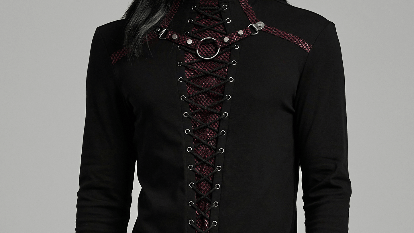 Men's Punk Laced-Up Long Sleeve Top with Metal Accents