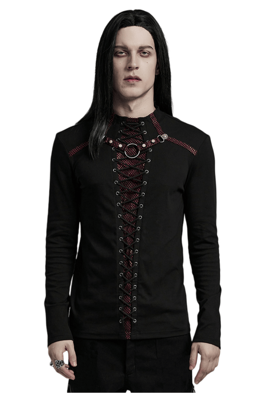 Men's Punk Laced-Up Long Sleeve Top with Metal Accents