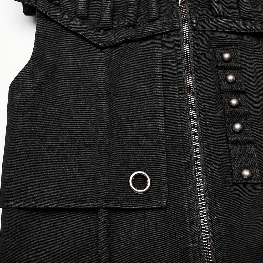 Men's Punk Long Denim Vest with Rivets and Zipper