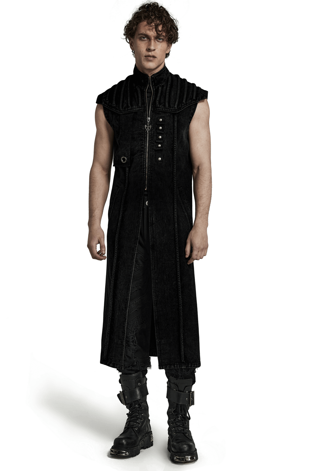 Men's Punk Long Denim Vest with Rivets and Zipper