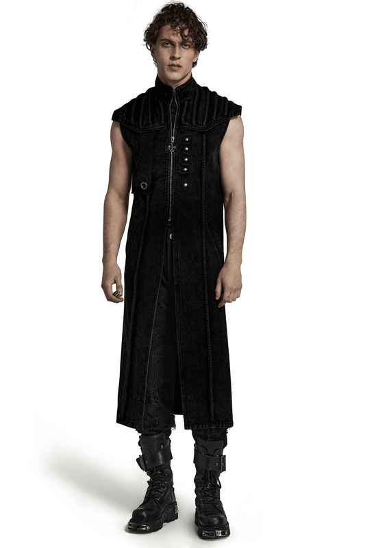Men's Punk Long Denim Vest with Rivets and Zipper