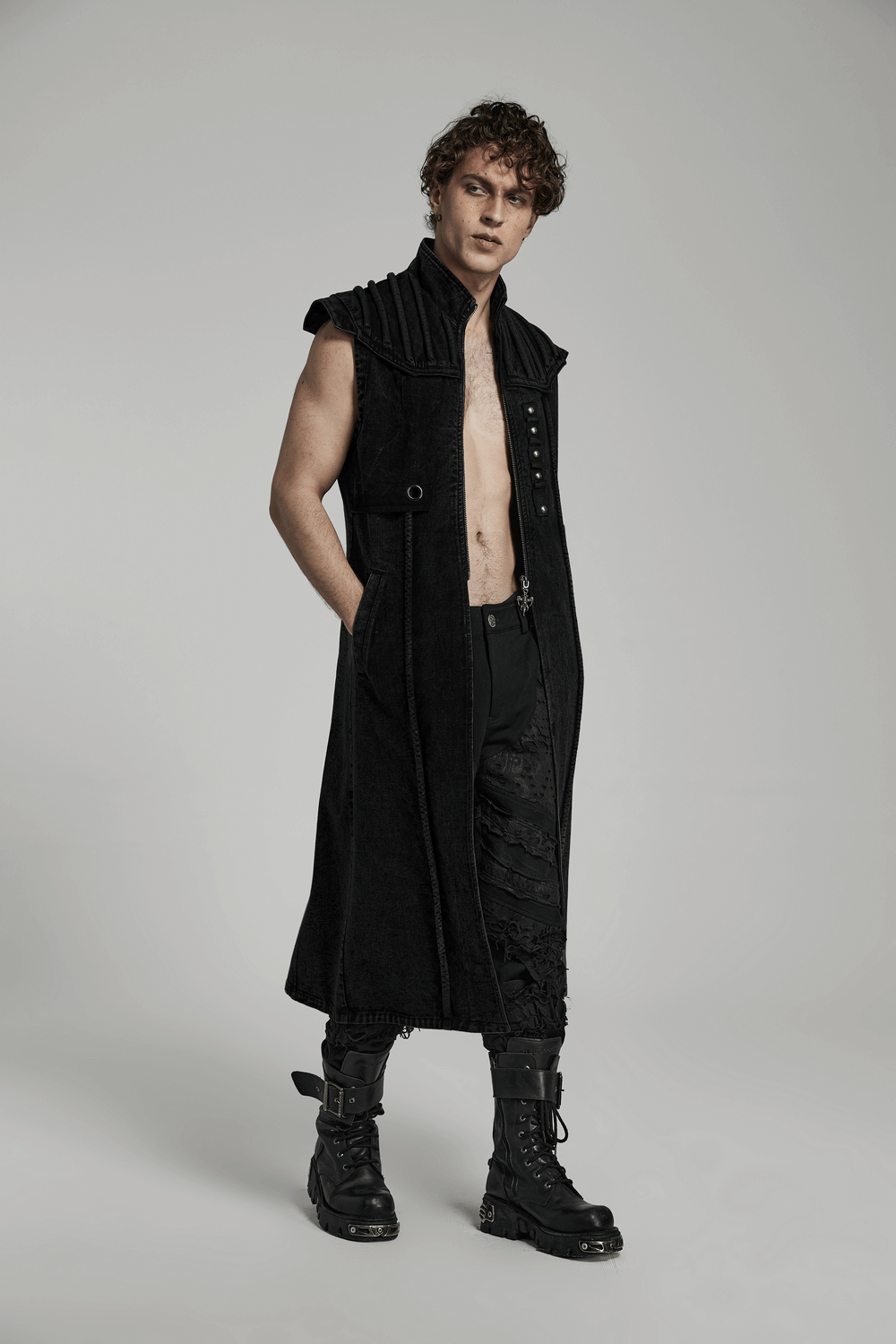 Men's Punk Long Denim Vest with Rivets and Zipper