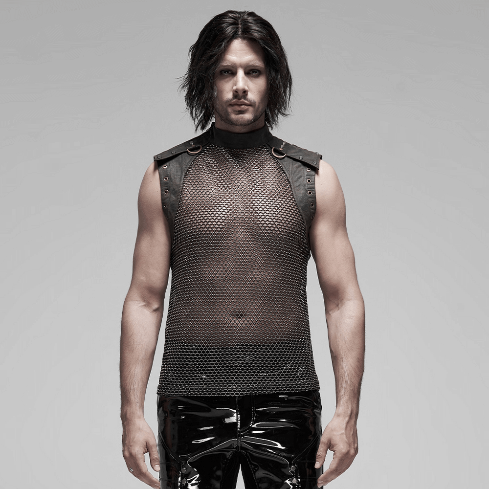 Men's Punk Mesh Top with Zipper Closure on Shoulders