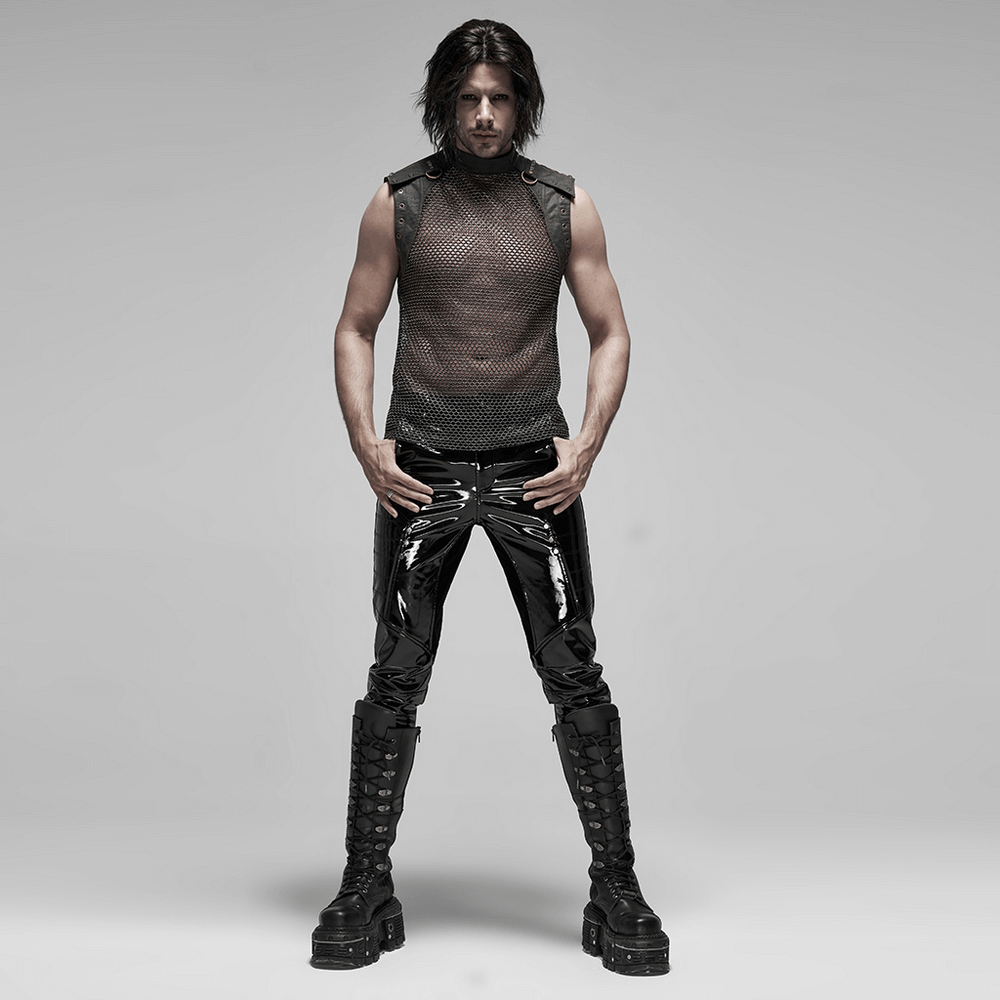 Men's Punk Mesh Top with Zipper Closure on Shoulders