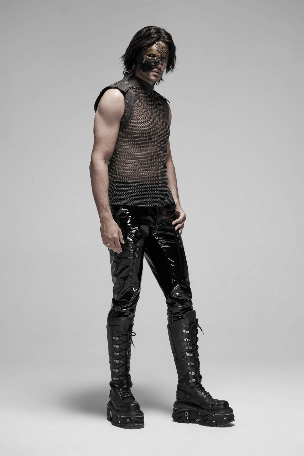 Men's Punk Mesh Top with Zipper Closure on Shoulders