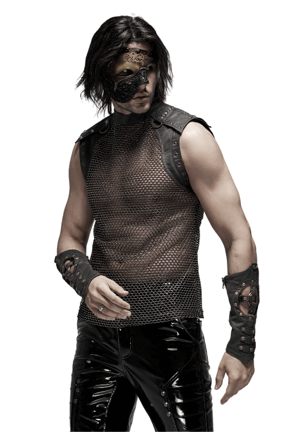 Men's Punk Mesh Top with Zipper Closure on Shoulders