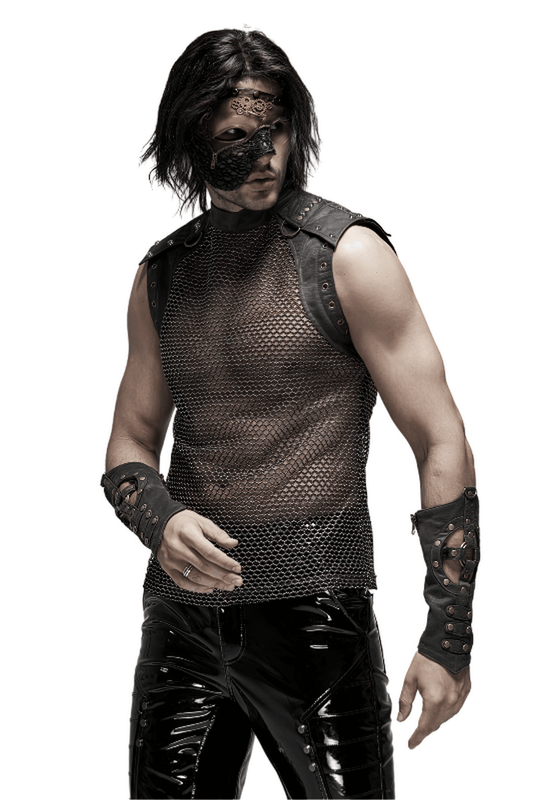 Men's Punk Mesh Top with Zipper Closure on Shoulders