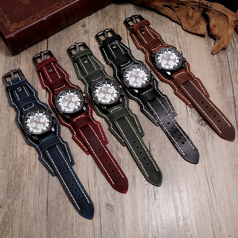 Men's Retro Rock Style Watches / Vintage Leather Watch Band / Men's Watches With Quartz Chronograph