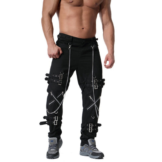 Men's Rock Cargo Pants With Chains And Straps / Vinatge Fashion Streetwear With Fake Zippers