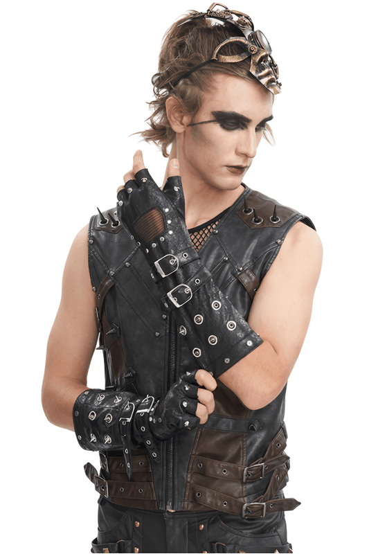 Men's Rock Style Studded Leather Gloves with Mesh