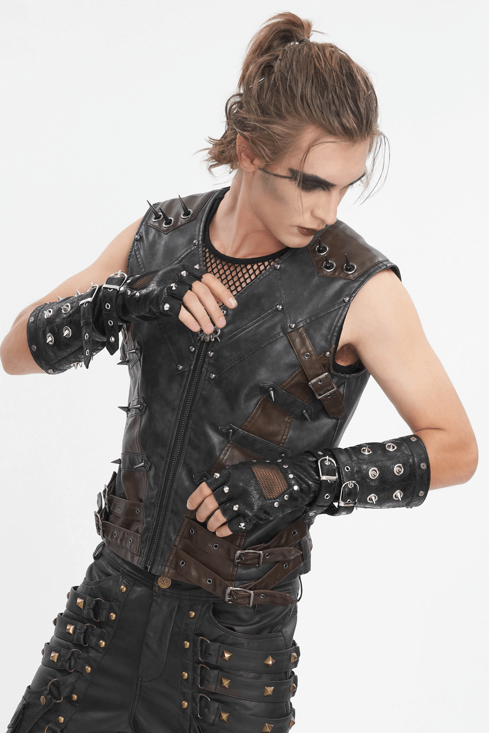 Men's Rock Style Studded Leather Gloves with Mesh