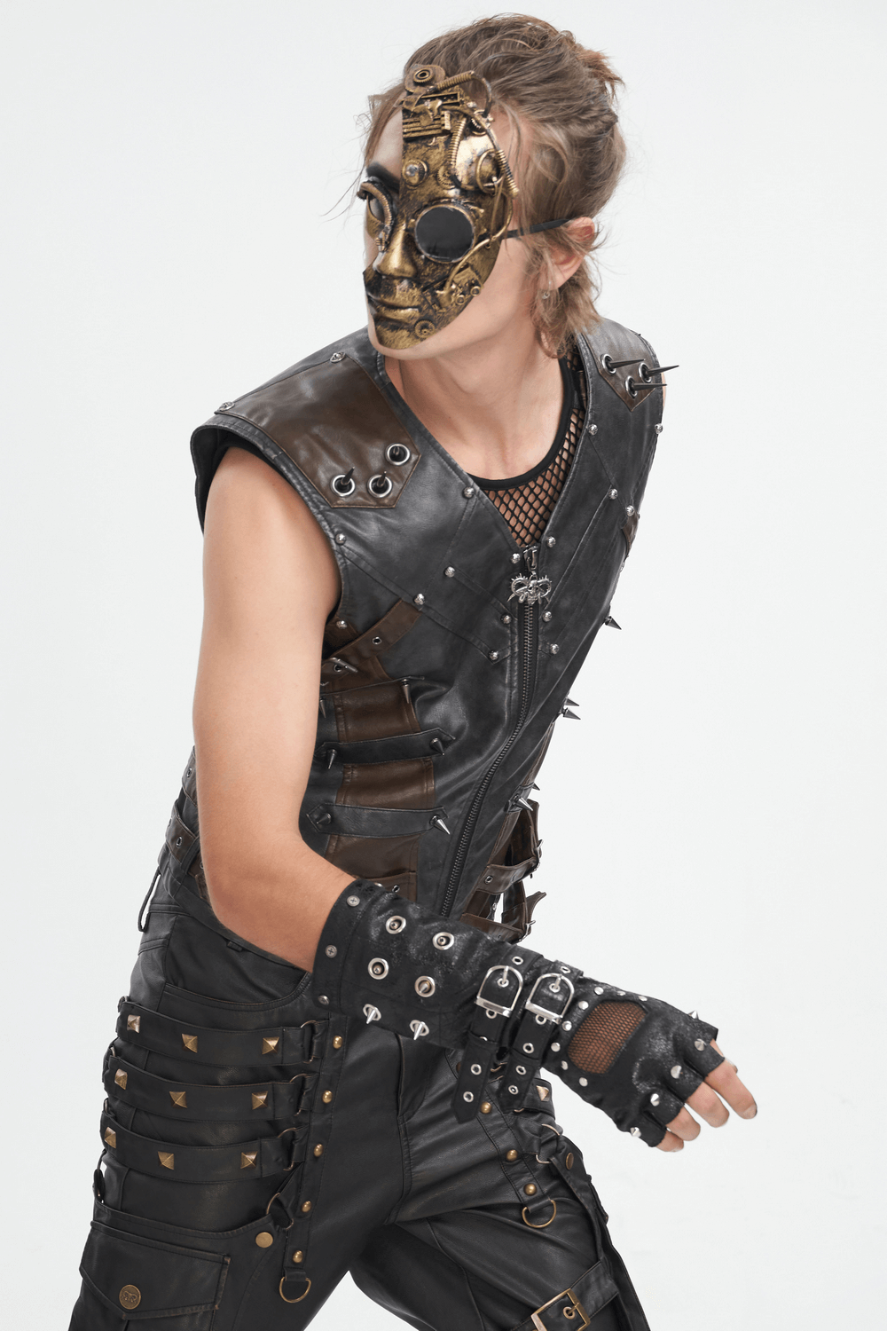 Men's Rock Style Studded Leather Gloves with Mesh