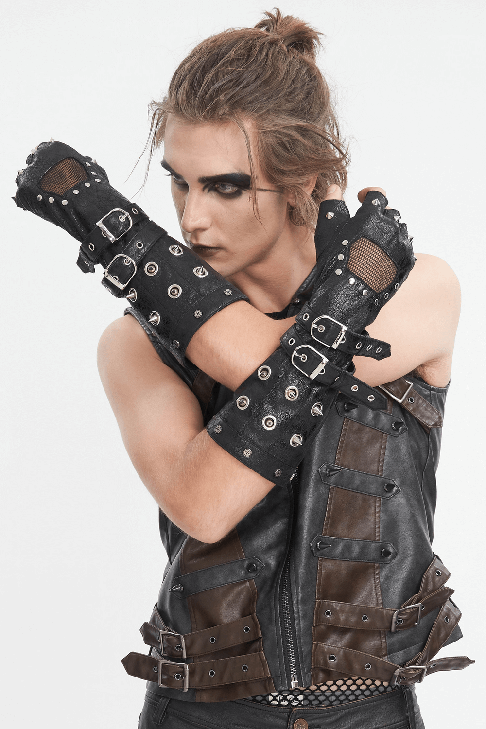 Men's Rock Style Studded Leather Gloves with Mesh