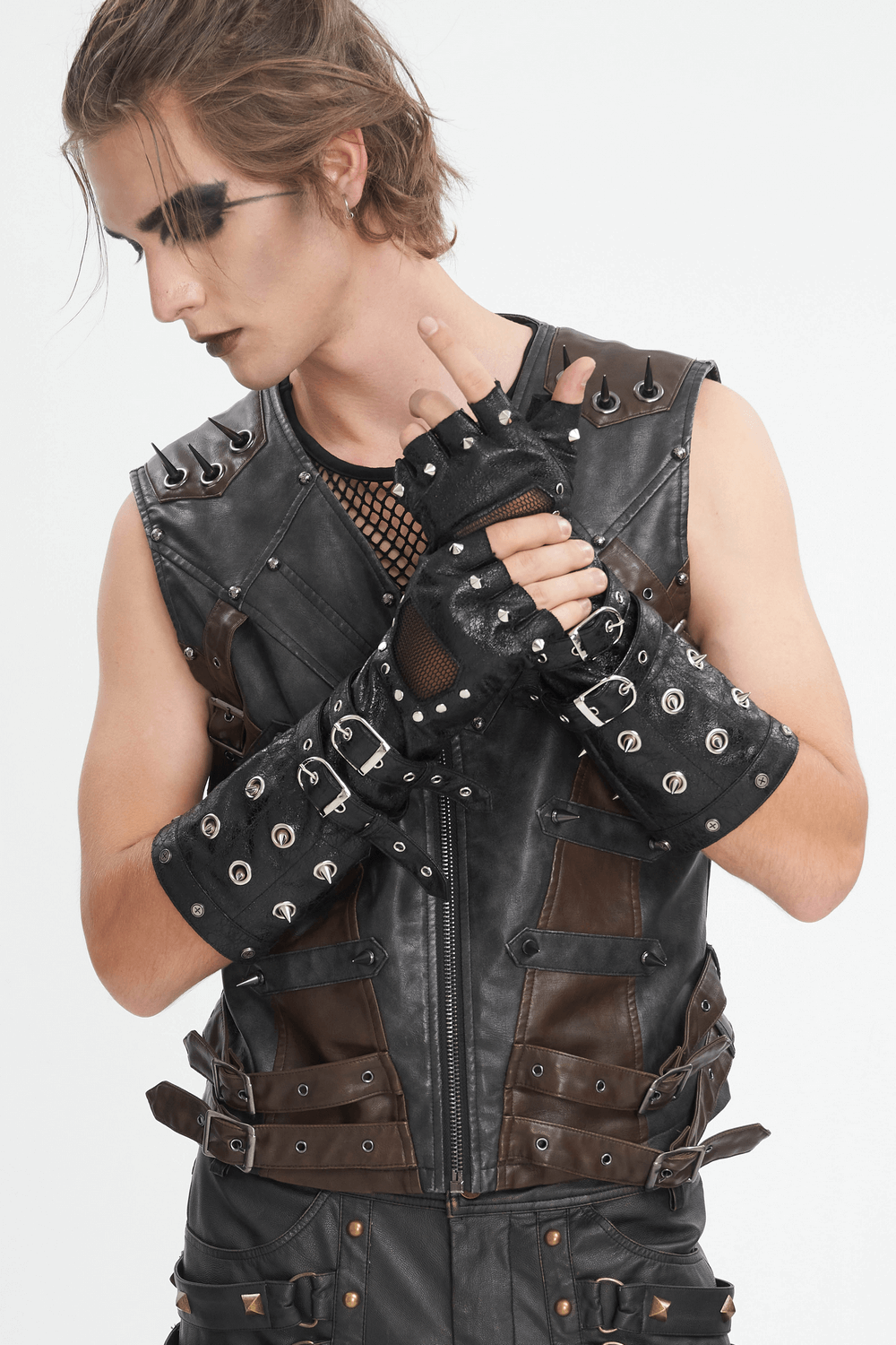 Men's Rock Style Studded Leather Gloves with Mesh