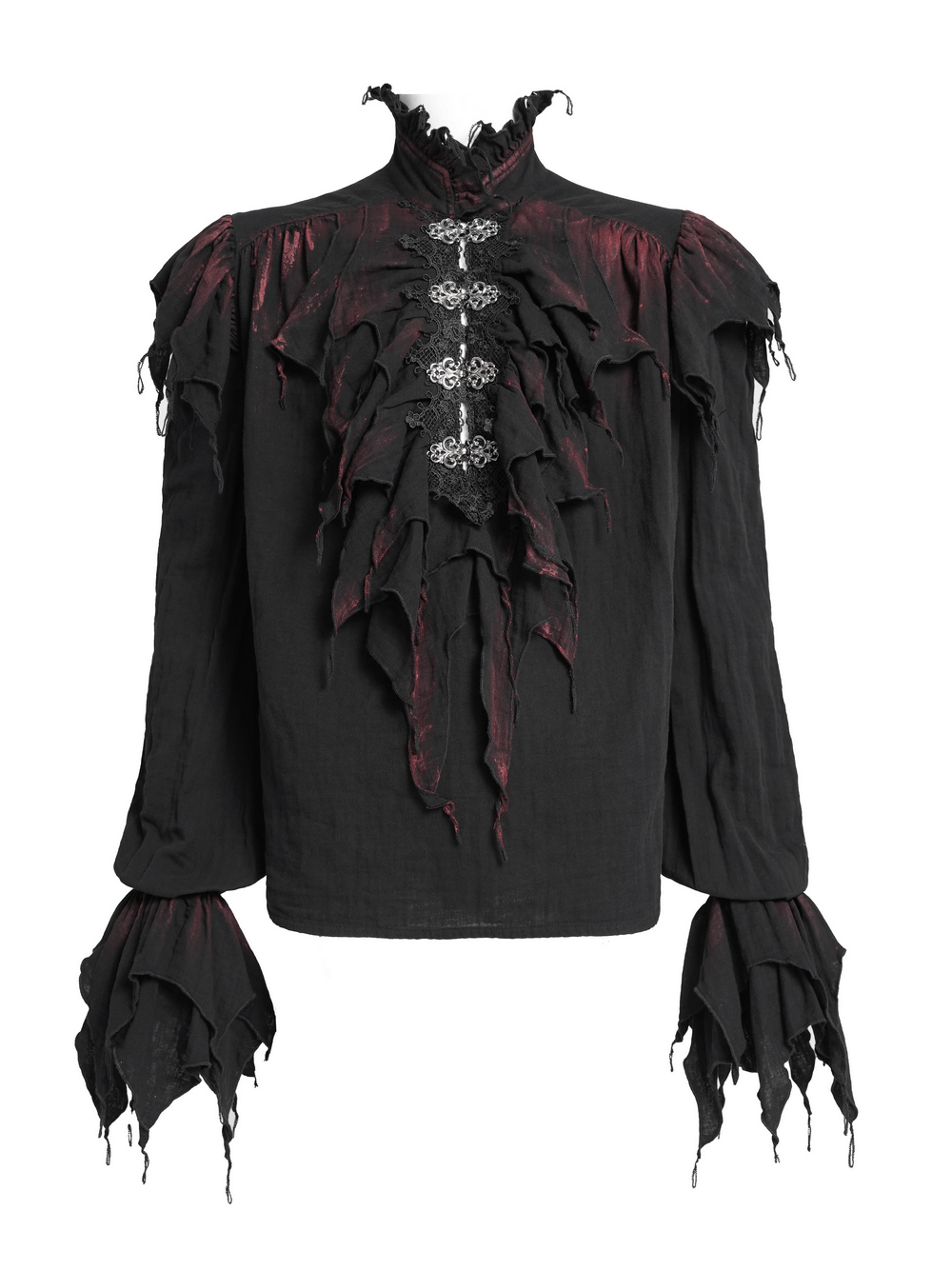 Men's Ruffled Shirt with Silver Clasps and Tattered Sleeves