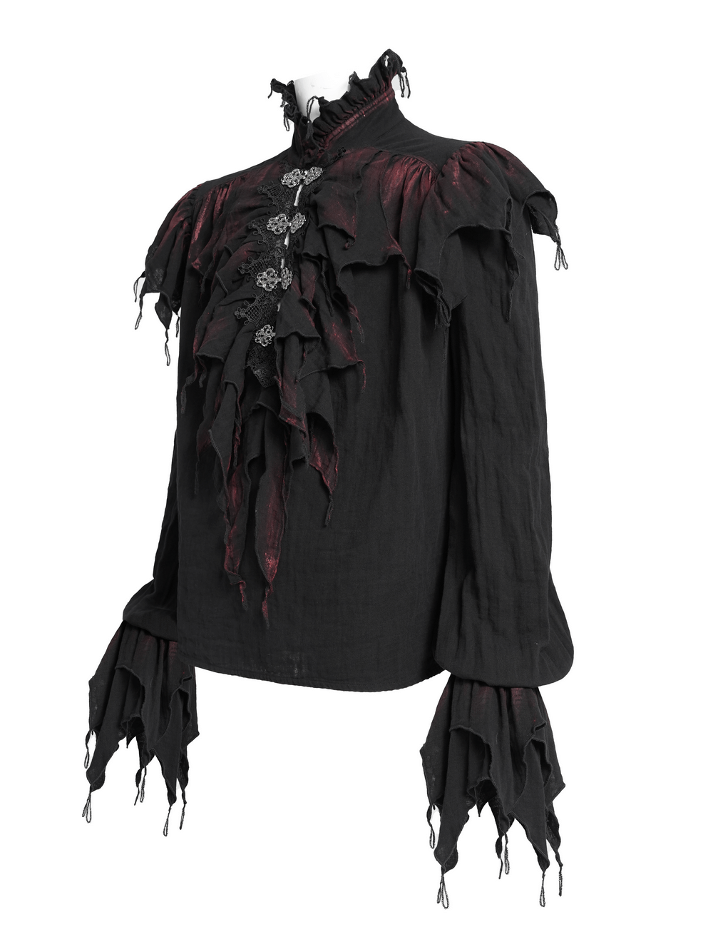 Men's Ruffled Shirt with Silver Clasps and Tattered Sleeves