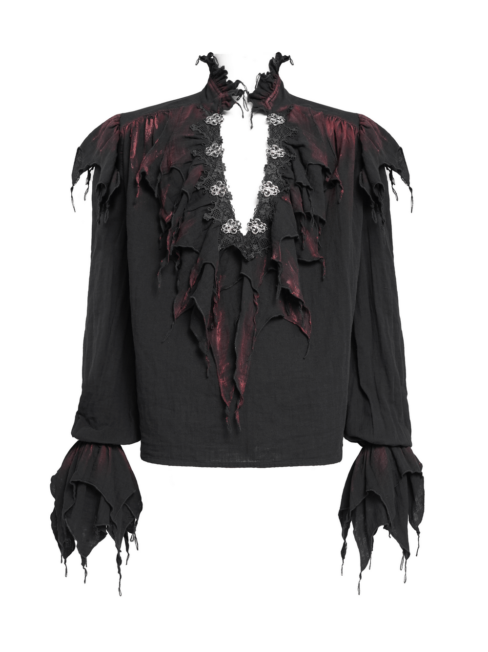 Men's Ruffled Shirt with Silver Clasps and Tattered Sleeves