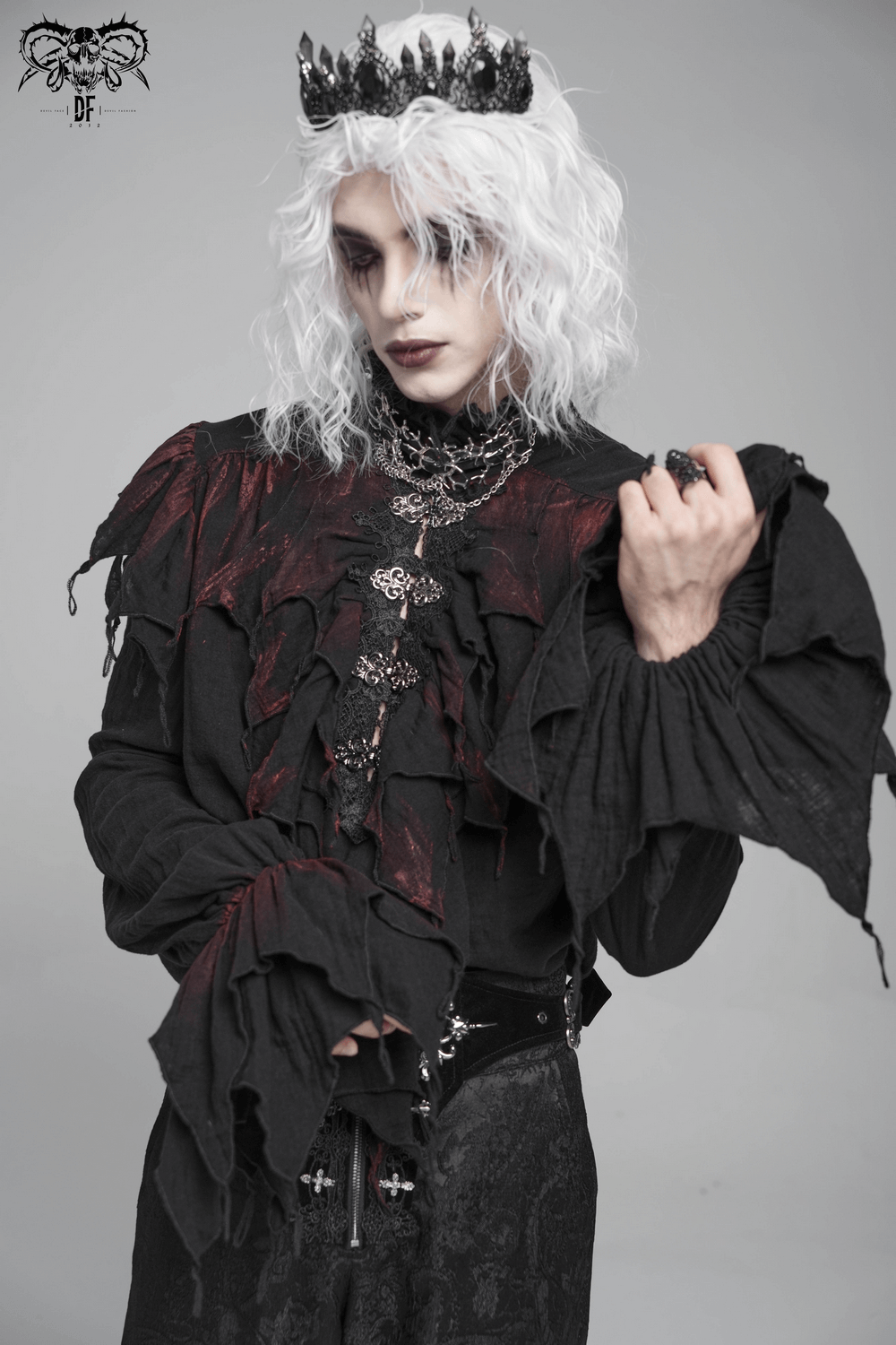 Men's Ruffled Shirt with Silver Clasps and Tattered Sleeves