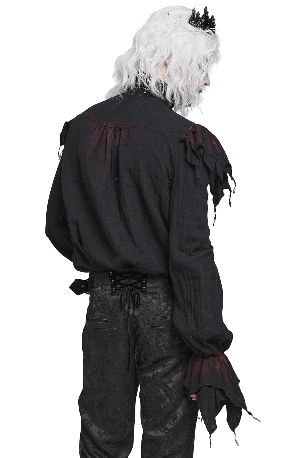 Men's Ruffled Shirt with Silver Clasps and Tattered Sleeves