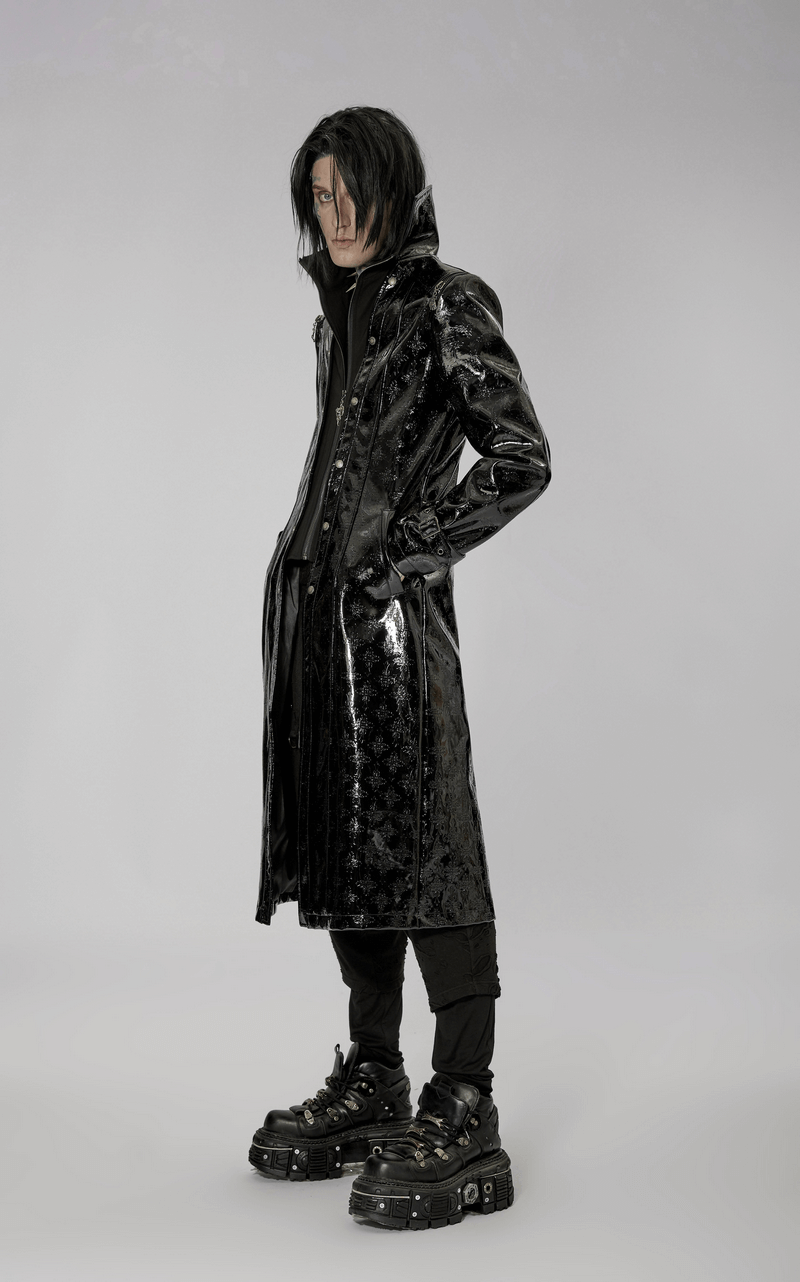 Men's Shiny Patent Leather Gothic Trench Coat with Cross Detail