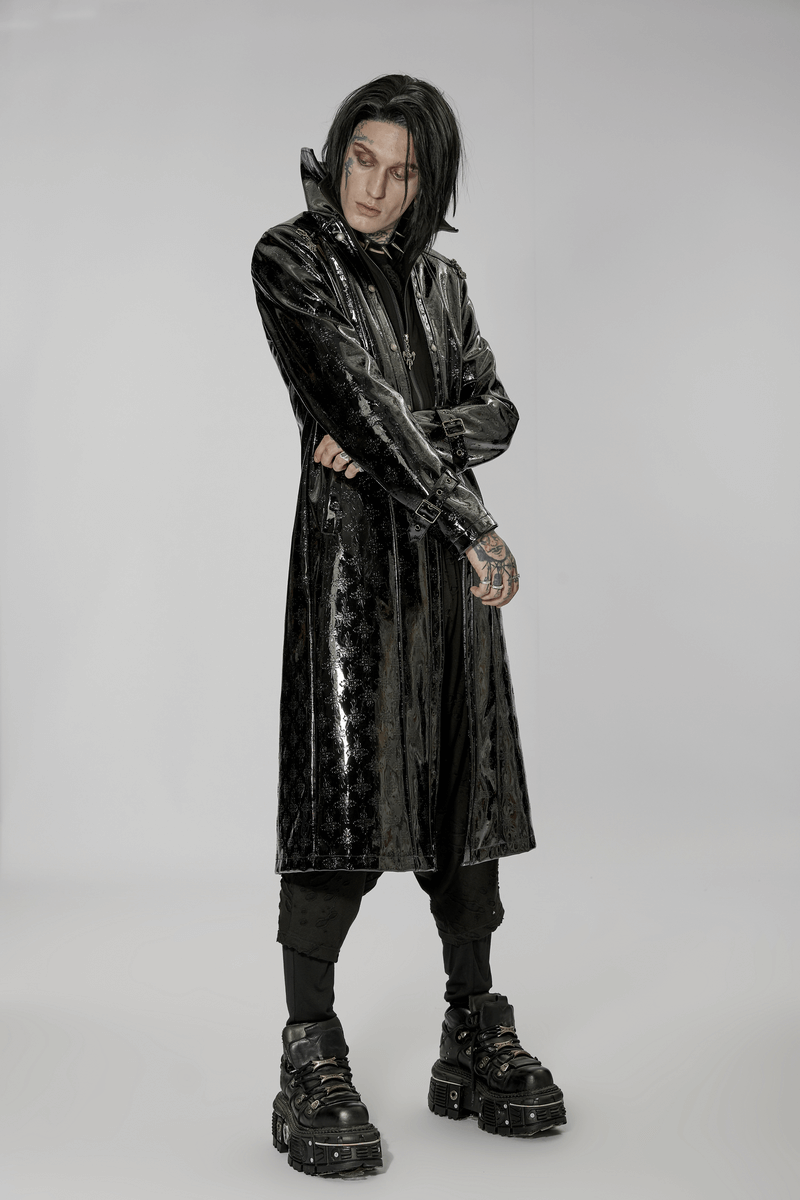 Men's Shiny Patent Leather Gothic Trench Coat with Cross Detail