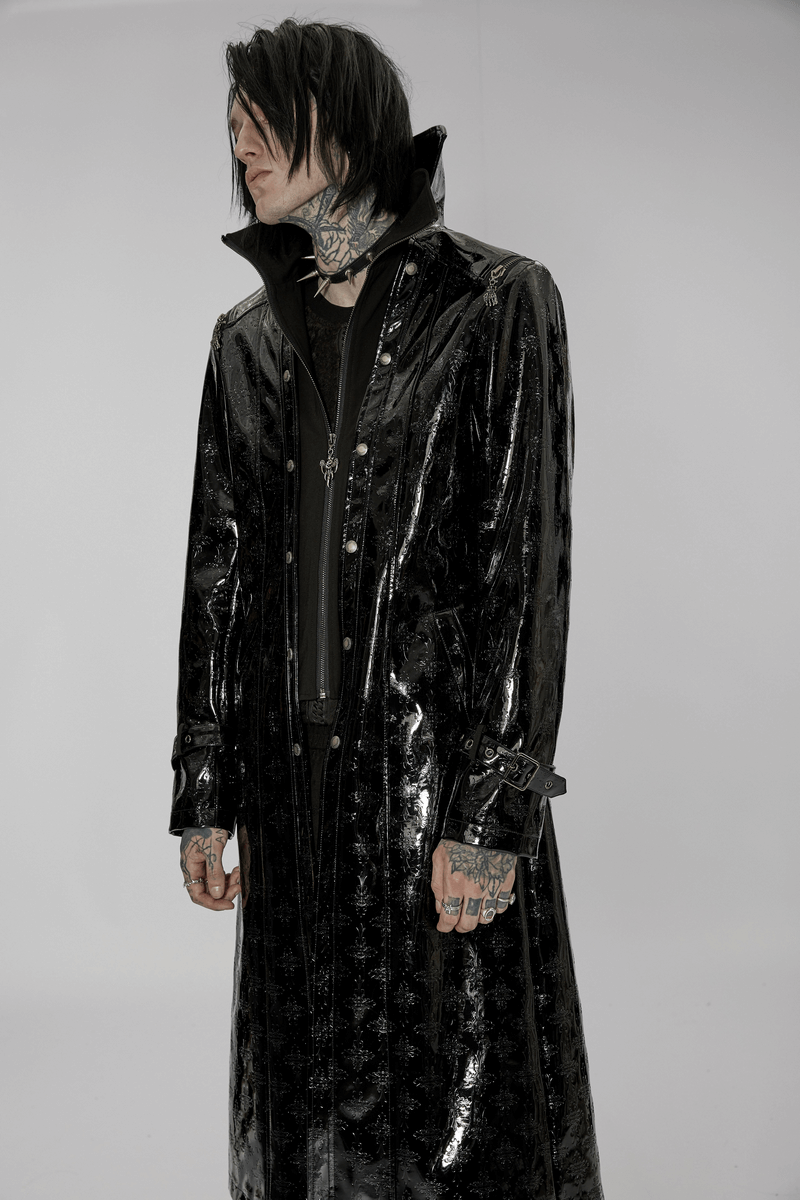 Men's Shiny Patent Leather Gothic Trench Coat with Cross Detail