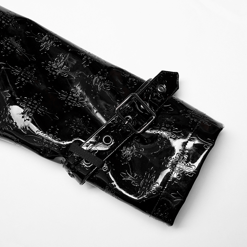 Men's Shiny Patent Leather Gothic Trench Coat with Cross Detail