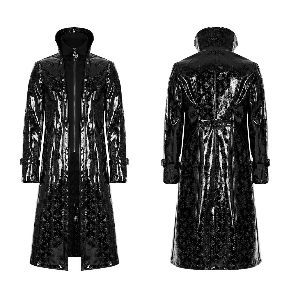 Men's Shiny Patent Leather Gothic Trench Coat with Cross Detail
