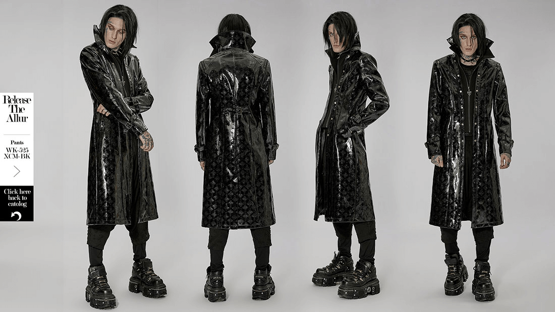 Men's Shiny Patent Leather Gothic Trench Coat with Cross Detail