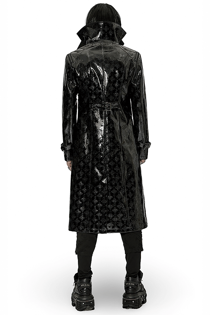 Men's Shiny Patent Leather Gothic Trench Coat with Cross Detail