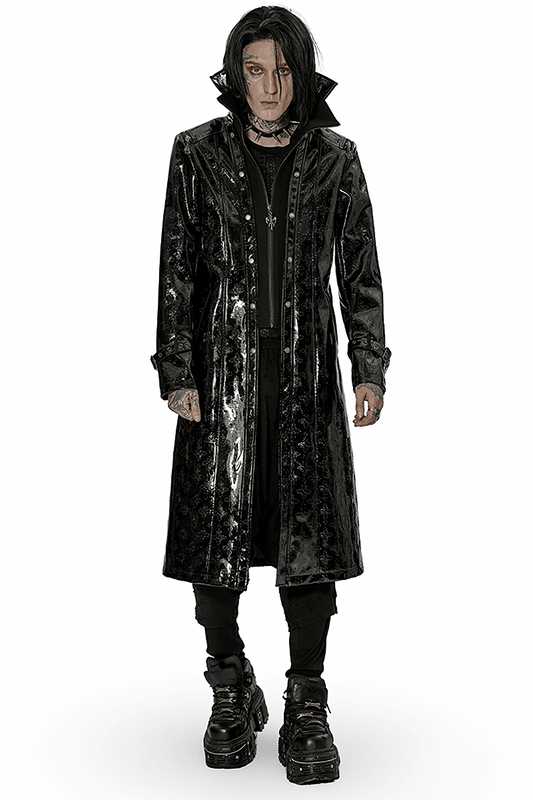 Men's Shiny Patent Leather Gothic Trench Coat with Cross Detail