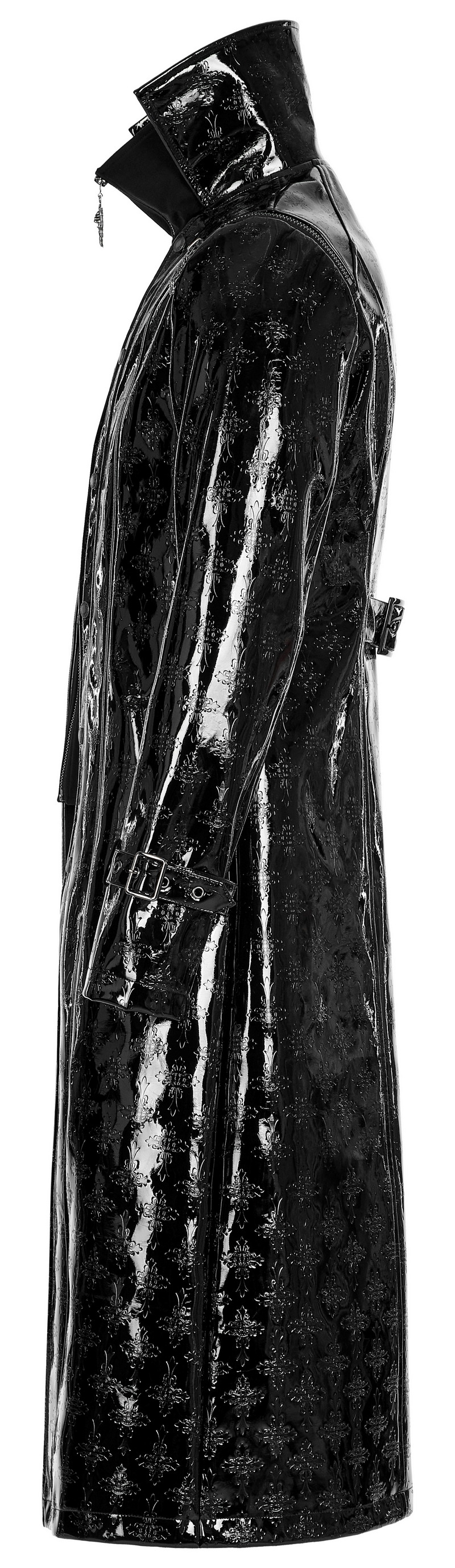 Men's Shiny Patent Leather Gothic Trench Coat with Cross Detail