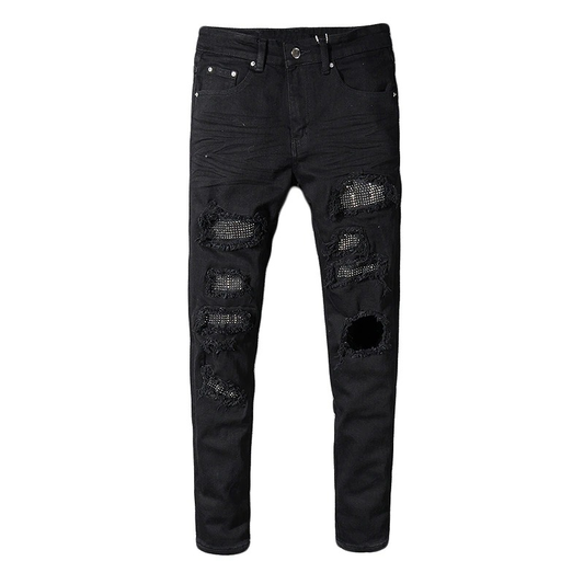 Men's Slim Ripped Jeans With Rhinestones / Fashion Black Stretch Denim Pants